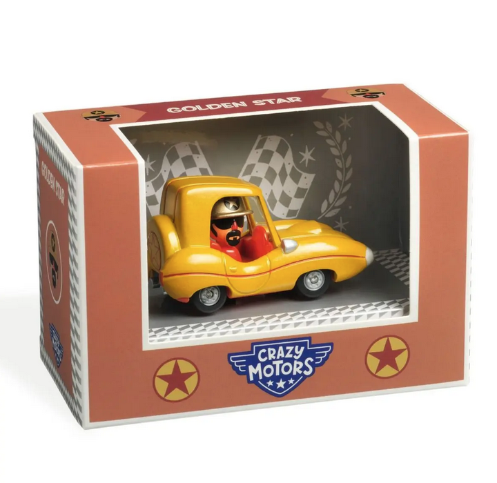 Golden yellow Golden Star diecast vehicle packaged ina box with an open side.