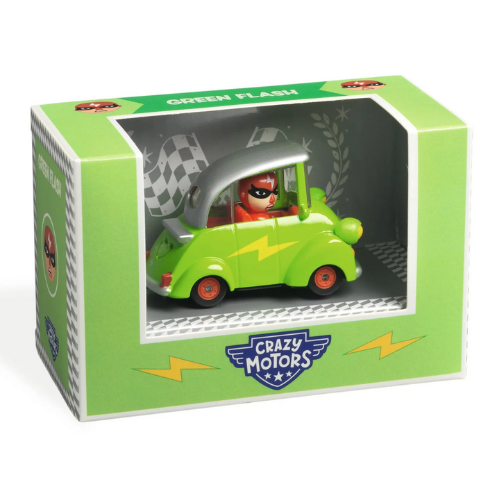 Green Flash Crazy Motors packaged in a green and white box with one side open.