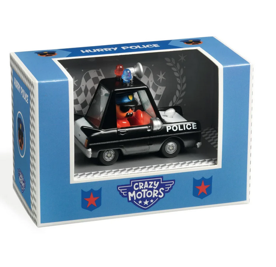 Hurry Police diecast vehicle packaged in a box with one side open.