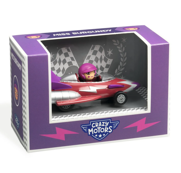Miss Burgundy diecast car in a purple and pink box with one side open.