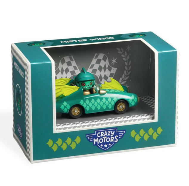 Dark green box with side open to show Mister Wings diecast car.