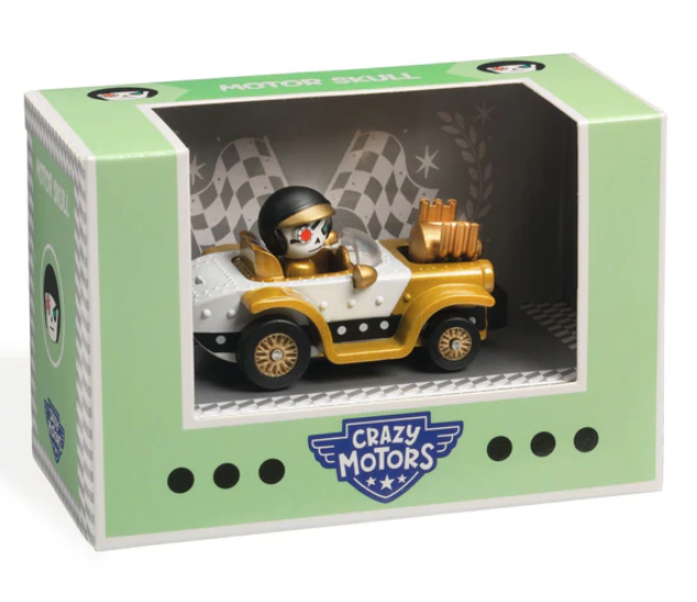 Green box with one side open to view the Motor Skull diecast car.