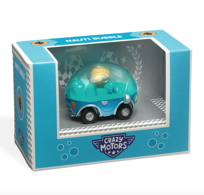 Blue and white box with one side open to show the Nauti Bubble diecast car. 