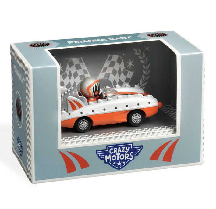 Light blue and orange box with one side open to view the Crazy Motors Piranha Kart. 