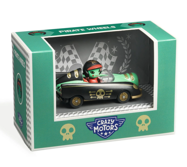 Pirate Wheels diecast car in green box with one side open to show off the toy car.