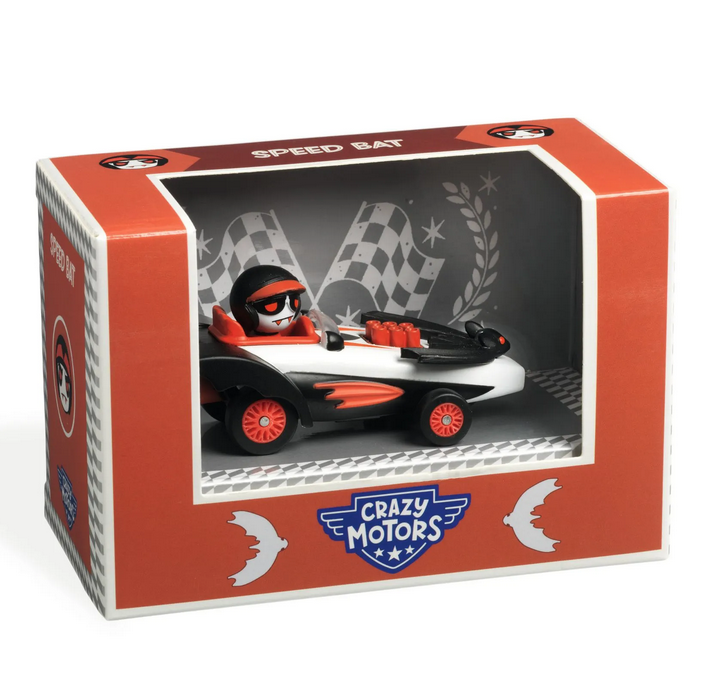 Crazy Motors Speed Bat diecast car packaged in an orange box with one side open.