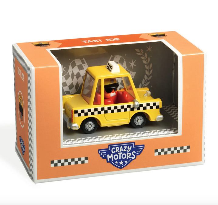 Soft orange colored box with one side open to view the Crazy Motors Taxi Joe diecast car.