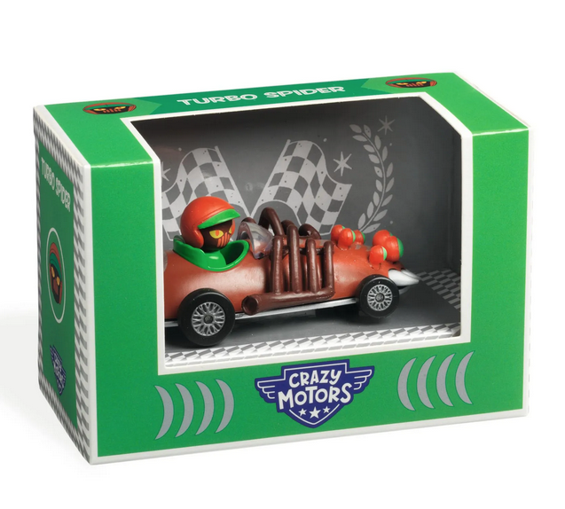 Crazy  Motors Turbo Spider diecast car in green box with one side open. 