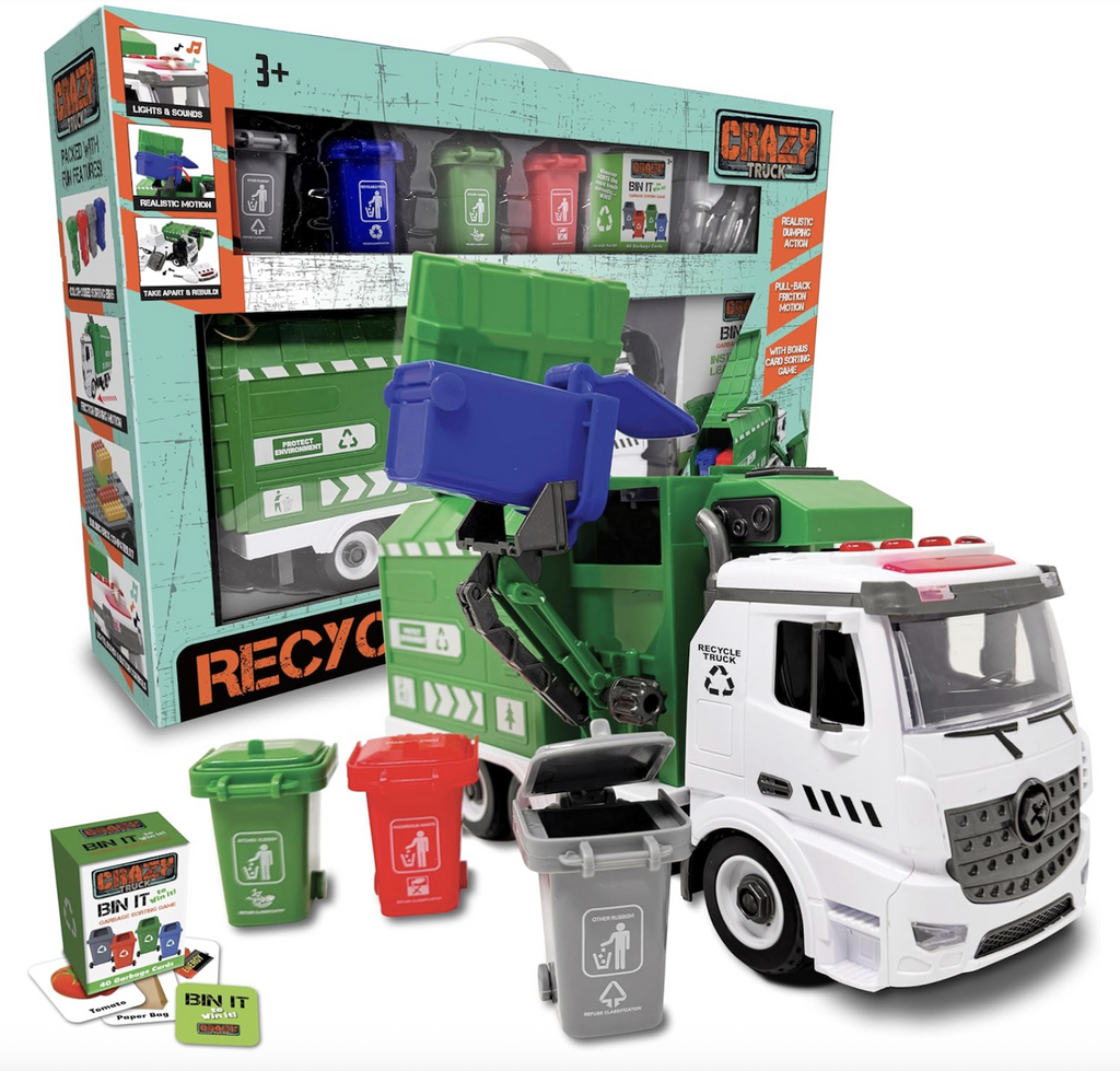 The Crazy Truck Recycling Garbage Truck with color coded cans lifting up a blue can and dumping it into the truck. 