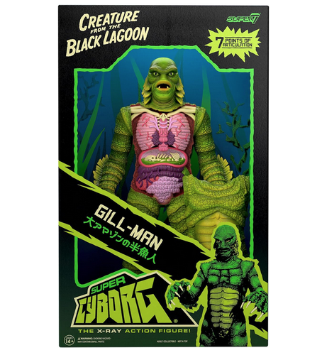 Box with Super Cyborg Creature of the Black Lagoon figure. Box has colorful graphics and illustrations of the Creature.