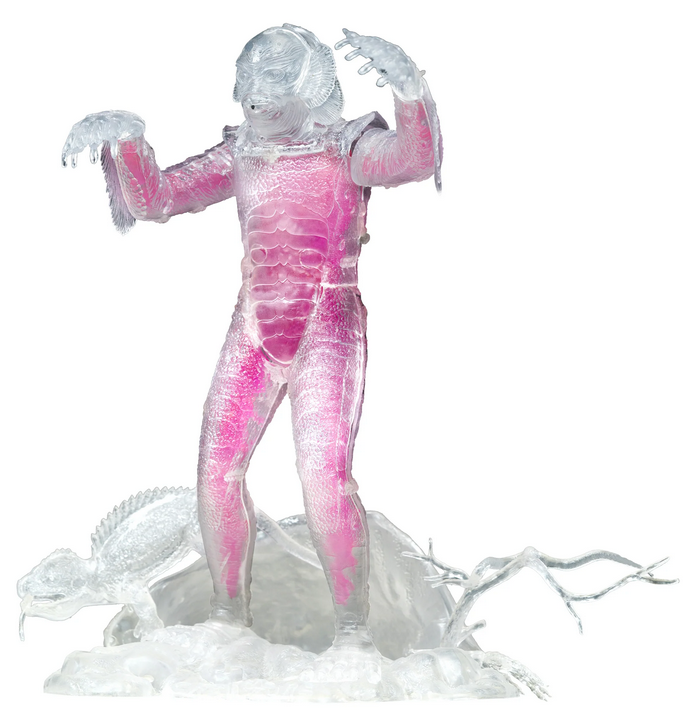 Close up of the Visible Creature model. Pink monster guts are visible inside the creature as well as the lizard and base that are also clear plastic. 