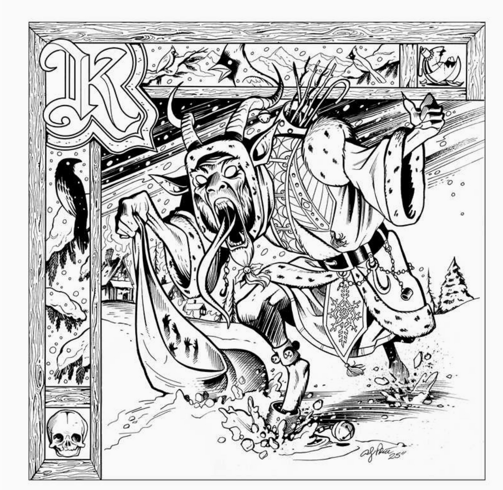 Black and white illustration of a fantasy character with decorative elements and a prominent 'K' in the corner.