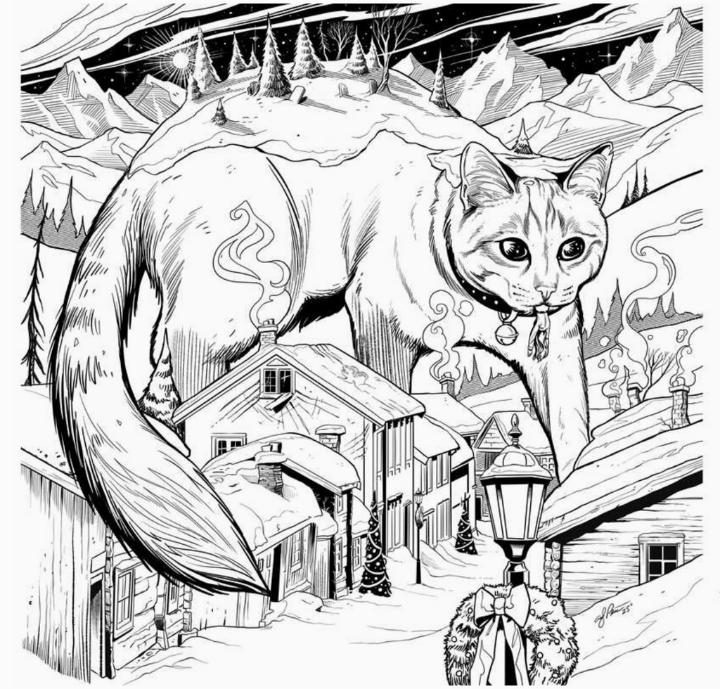 Black and white illustration of the Yule Cat in a snowy village scene with mountains.