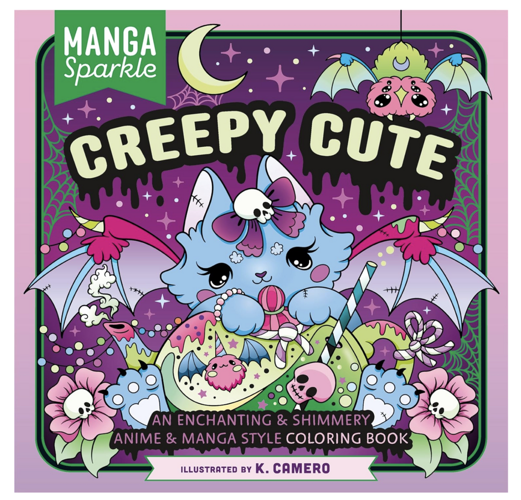 Bright and sparkly illustrated cover of Creepy Cute Anime and Manga Style Coloring Book. 