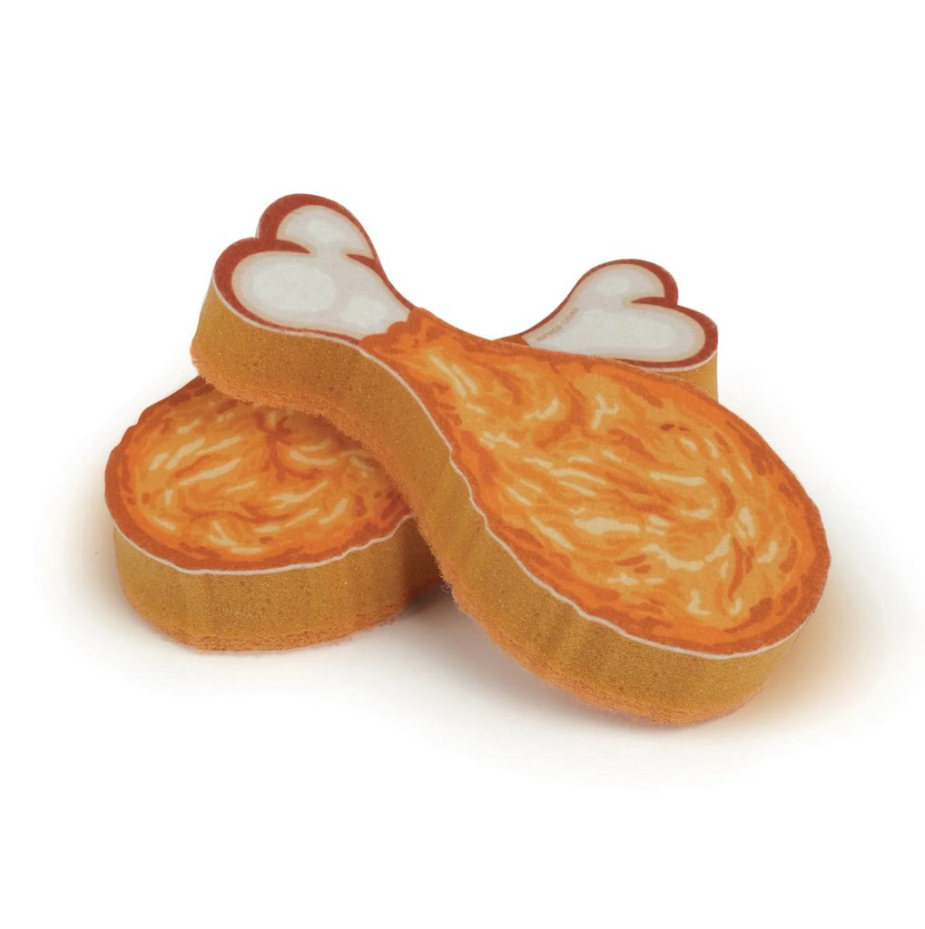 Crispy Clean set of 2 sponge set shaped like a fried chicken drumstick. 