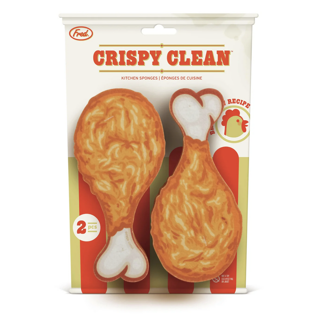 The Crispy Clean sponge set packed on a playful fried chicken bucket backer card. 