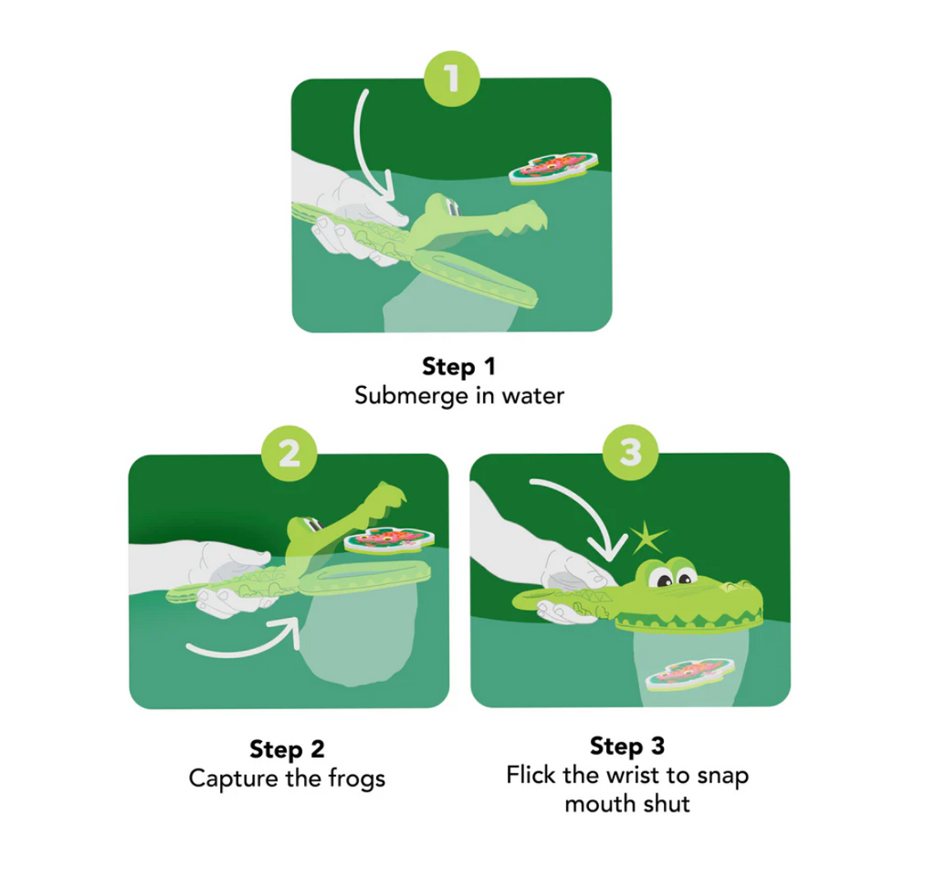 Step-by-step instructions for a toy crocodile in water with green background