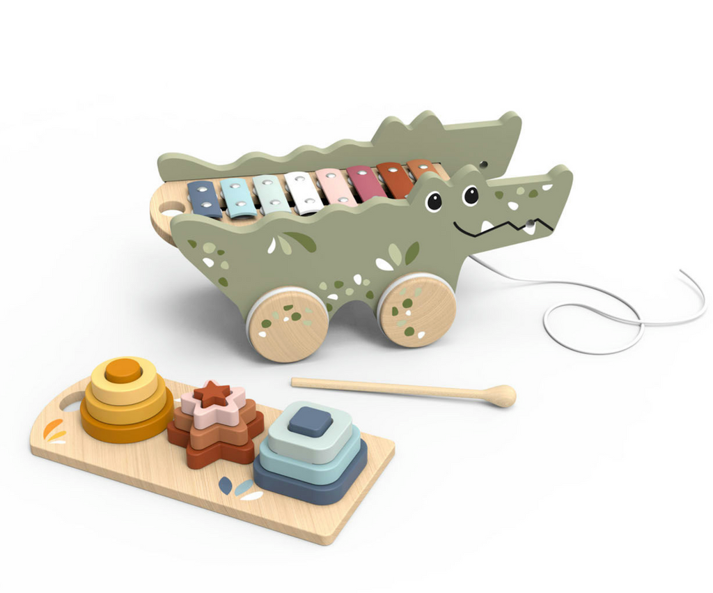 Wooden Crocodile Xylophone with a string at the front so it can pulled along behind you, played like a xylophone or the sorting and stacking toy explored. 