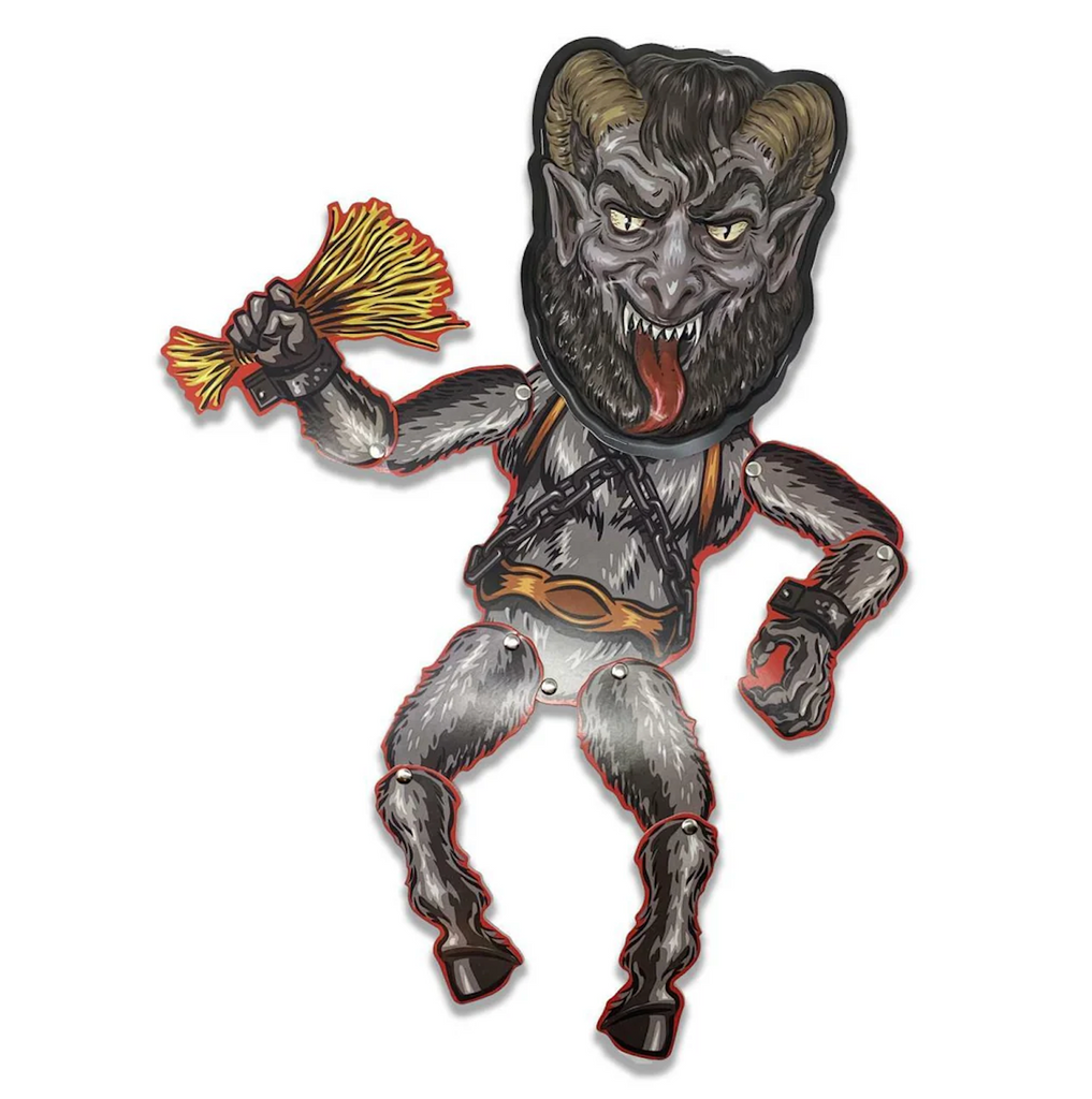 Jointed Krampus decoration with a beard, horns, and a fangs holding a torch.