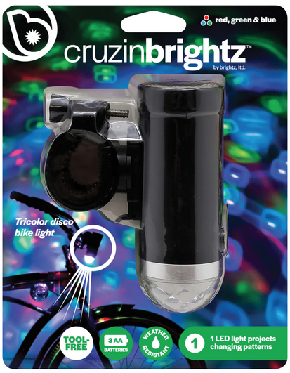 Cruizin Brightz LED bike light packaged on a multicolored hang card that show the effects of the red, green and blue lights when attached to the bike. 