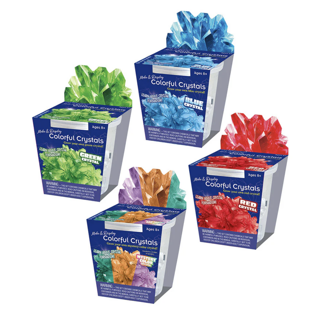 Four individual Crystal Growing Kits. Blue, green, red and mystery colored. 