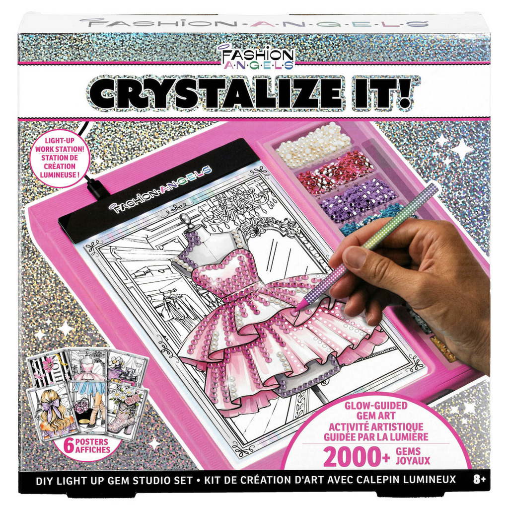 Bright, sparkly box featuring a picture of the one of the acetate designs on the light-up pad and being bedazzled using the some of the 2000+ included gems and stylus. 