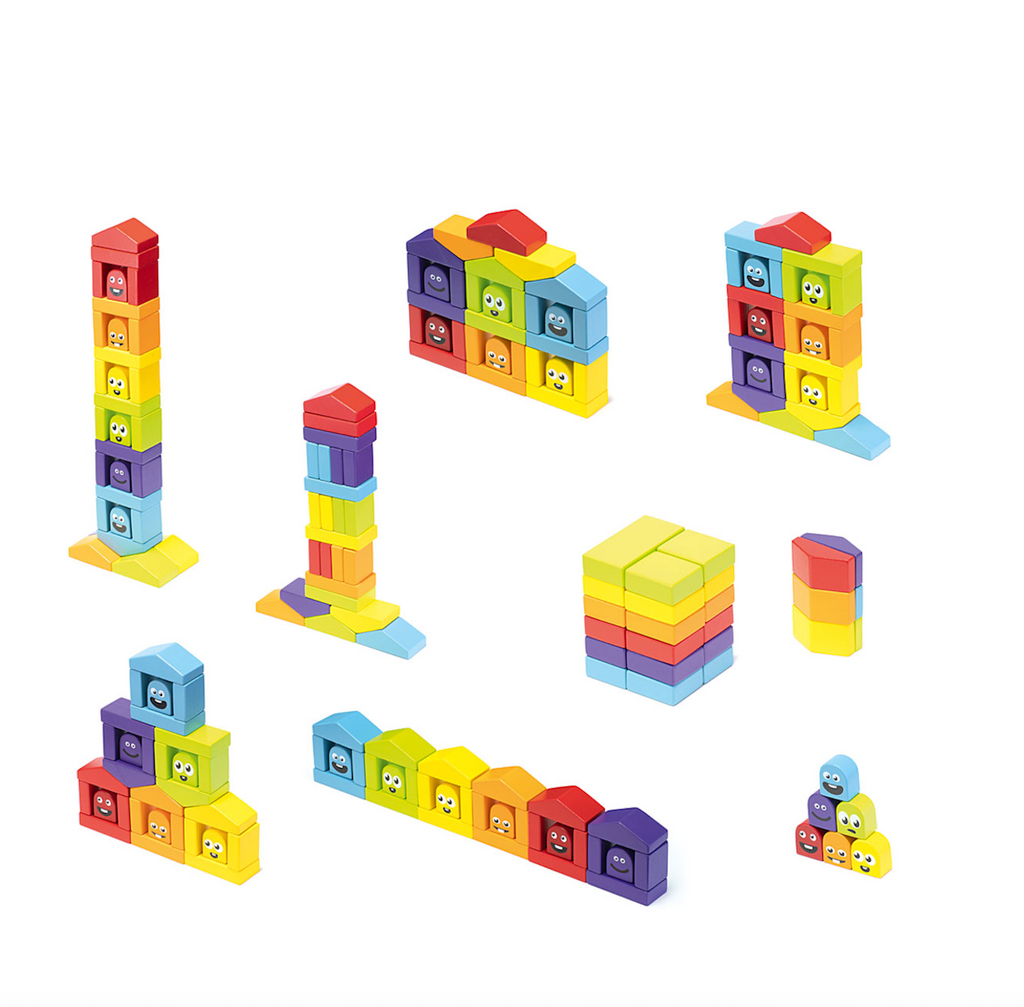 This picture has many different builds that can be made using the Colorful House block set. 