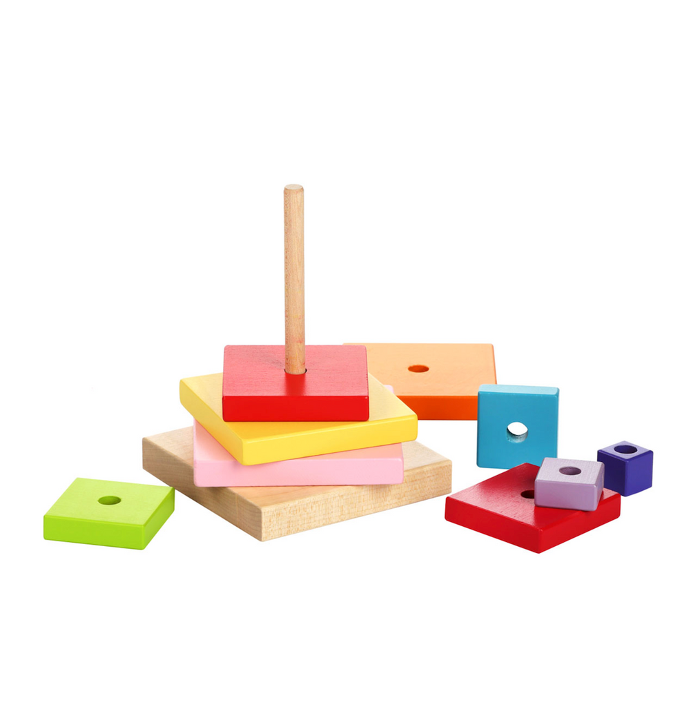 Wooden squared graduated in size with a hole in the center that allows them to be stacked on the base. 
