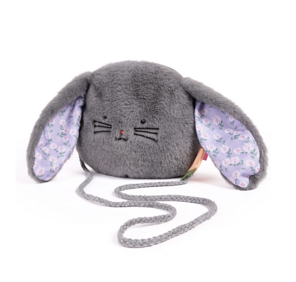 Adorabe grey bunny plush purse with floppy ears that  reveal a beautiful purple flower pattern inside. A woven grey strap is attached for cross body wearing. 