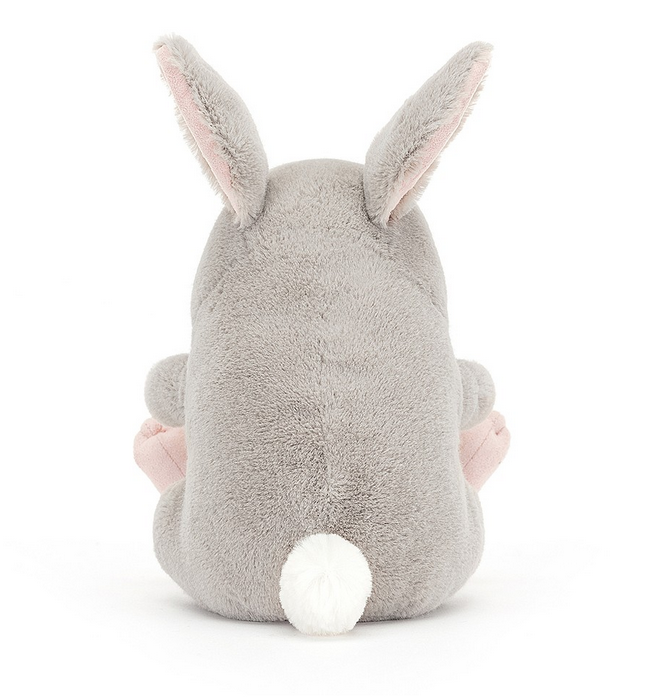 Rear view of Cuddlebud Bernard Bunny. A chunky grey bunny with a white cottontail. 