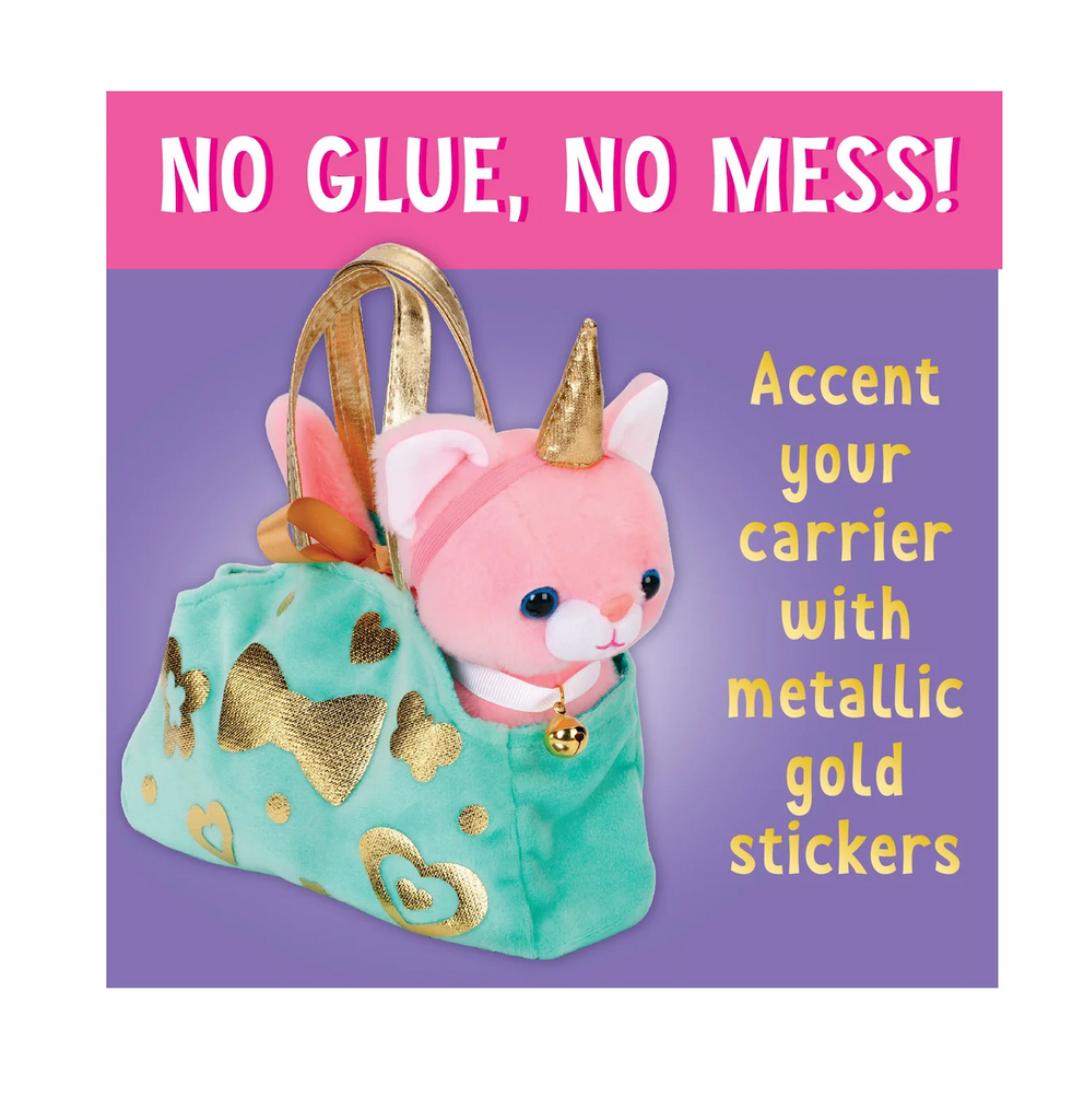 Toy pet carrier with pink plush cat and teal bag with gold stickers with text that reads "No Glue, No Mess!" 