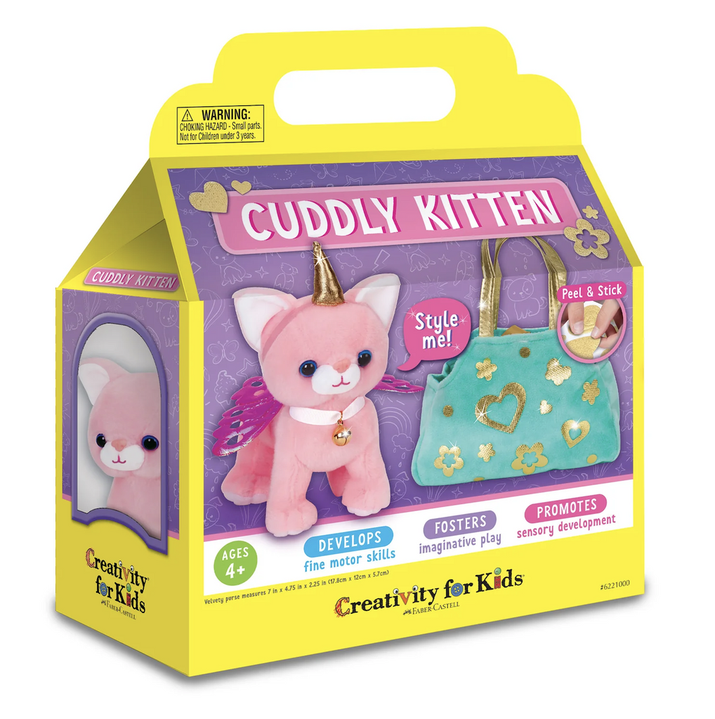 Bright yellow box with a handle that makes it look like a cat carrier. On the box are pictures of the pink plush kitten and turquoise bag that are to be decorated with all the accessories and stickers included in the kit.