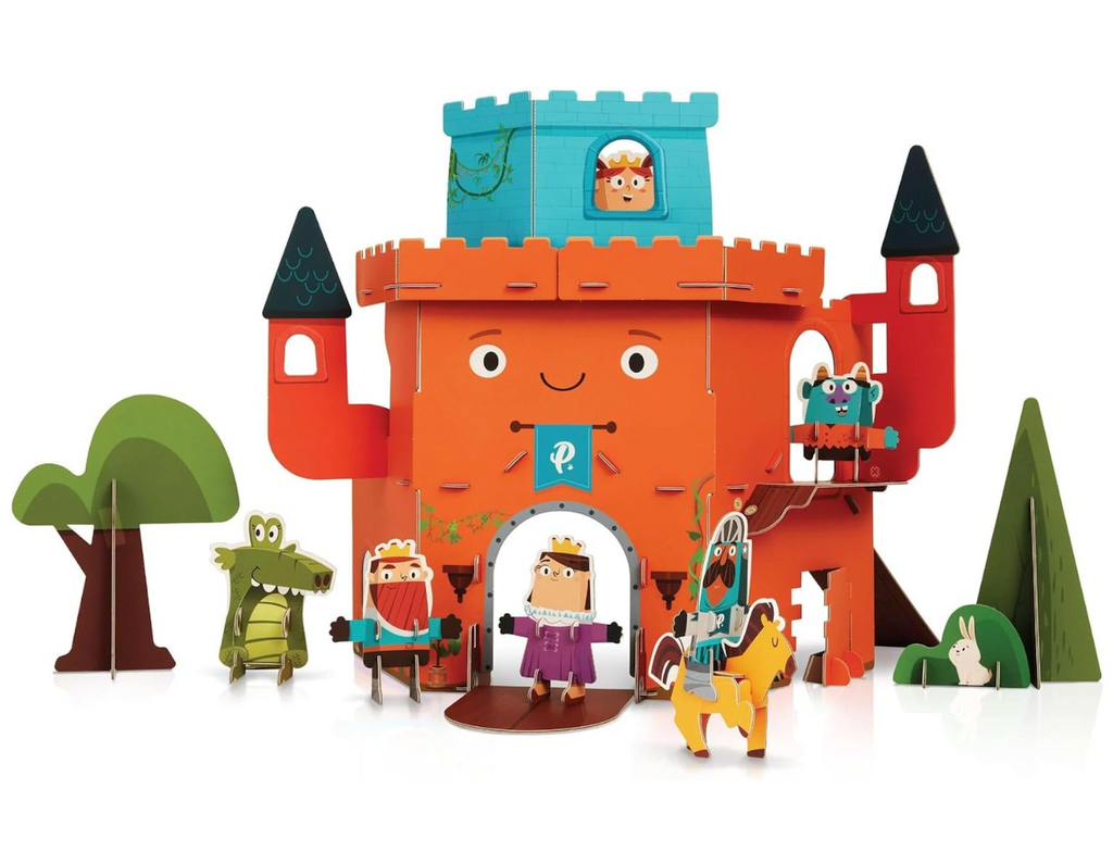 The Curious Kingdom Castle Playset built up with the drawbridge open, trees and animals placed all around the castle. 