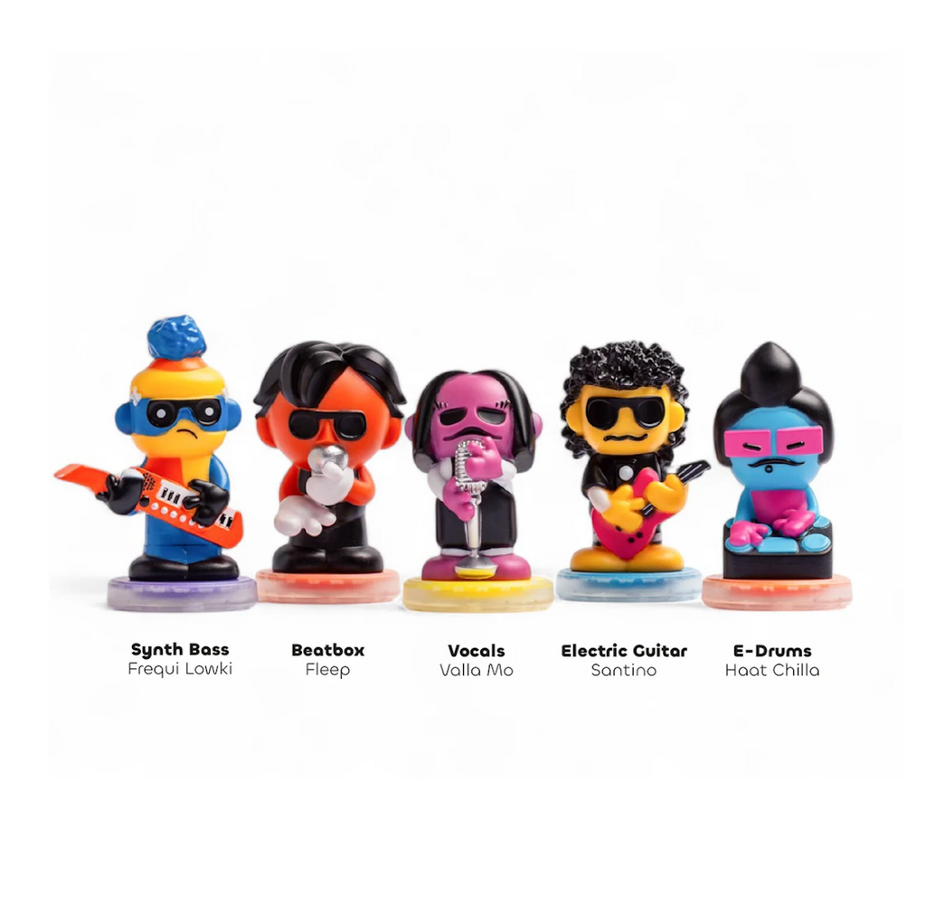 Five colorful toy band figurines from teh Curly Lines Neo Funk band, featuring Synth Boss, Beatbox Pleep, Vocals Violeo Mio, Electric Guitar Spartino, and E-Drums Hoist Chillo. 