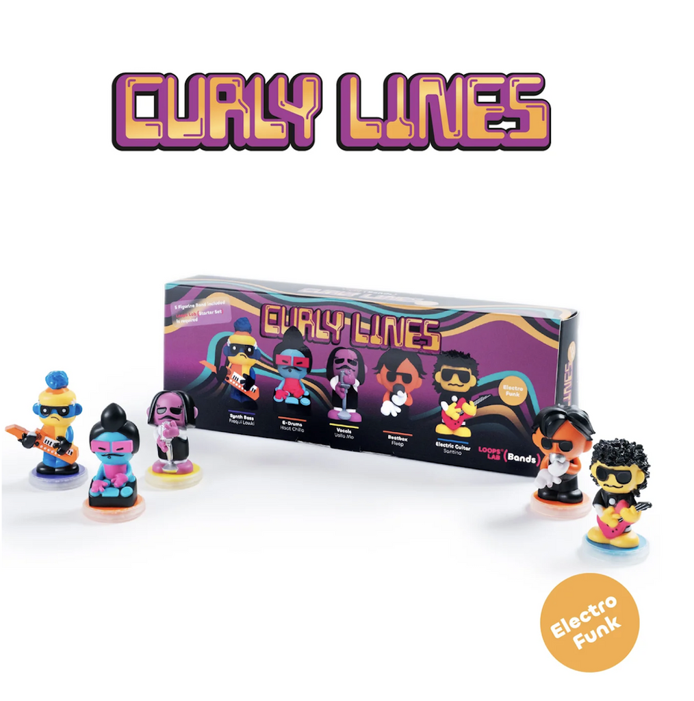 Curly Lines Neo Funk Band figures packaged in a groovy themed box showing illustrations of the five band members included in this set. 