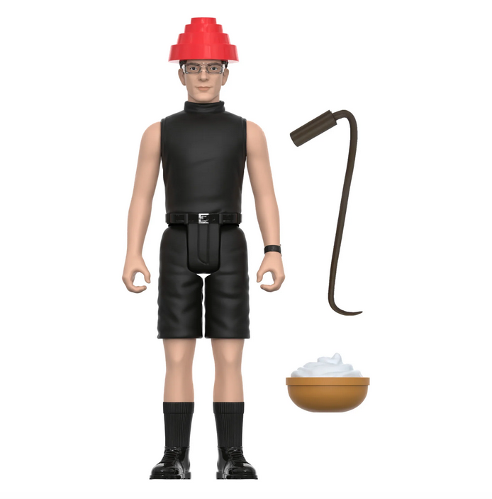 Mark Mothersbaugh ReAction figure with iconic black shorts and shirt, red plastic hat. Includes whip and bowl of whipped cream.  