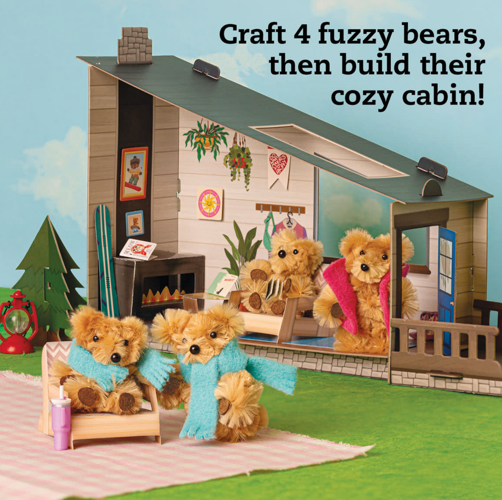 Fuzzy bears sitting in the DIY Cozy Cabin. 