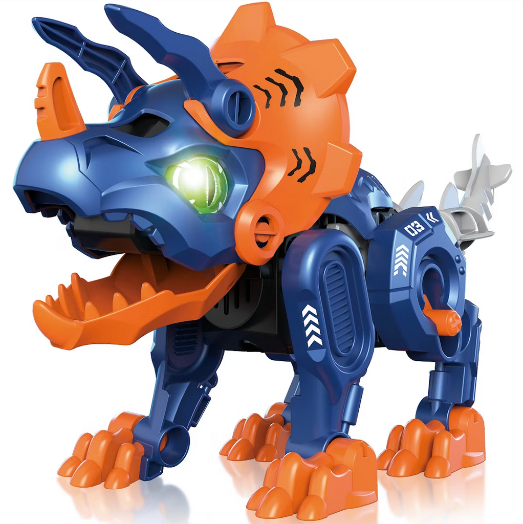 A blue and orange robotic Triceratops dinosaur robot with a glowing green eyes and moveable parts. 