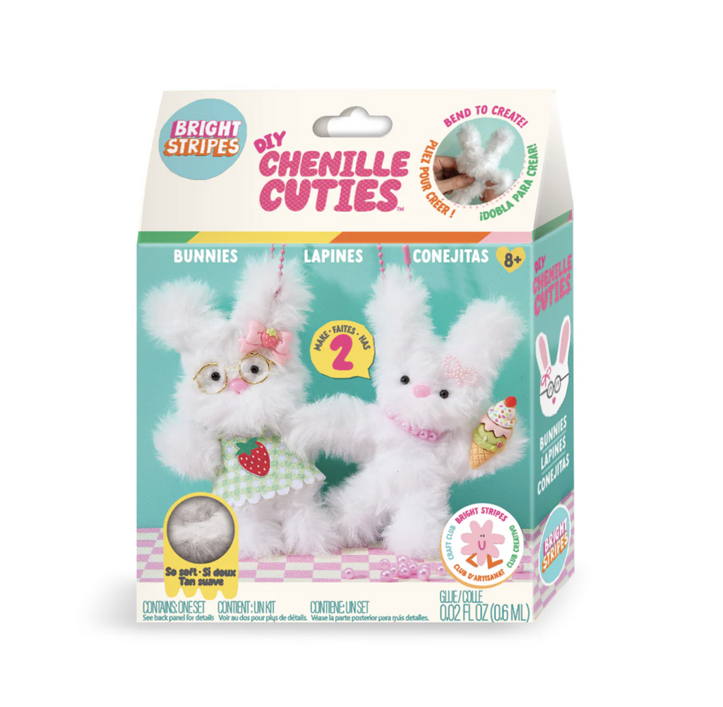 Bunny Babe DIY Chenille Cuties craft kit packaged in box featuring pictures of the two bunnies that can be made with the kit. 