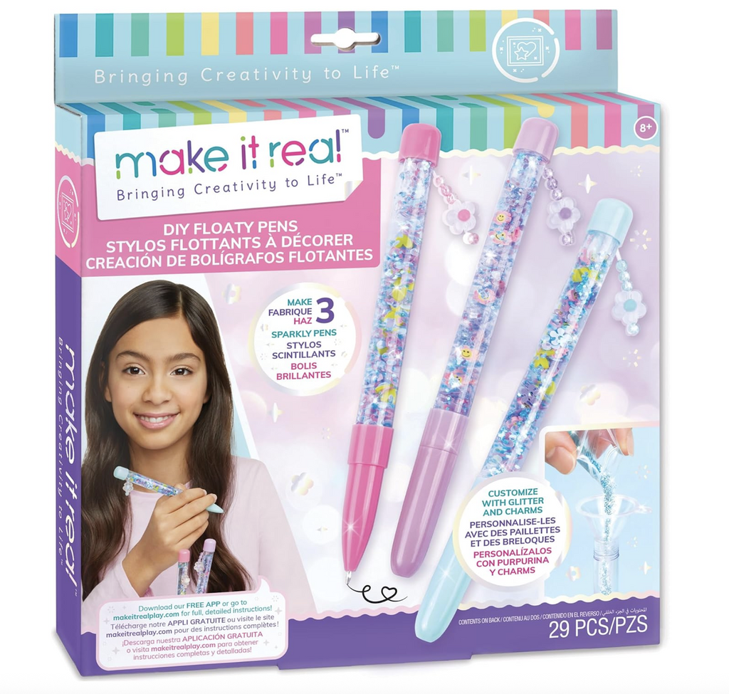 DIY Floaty Pens craft kit packaged in a box with colorful stripes at the top and a picture of the floaty pens filled with glitter and confetti with charms on the front. 
