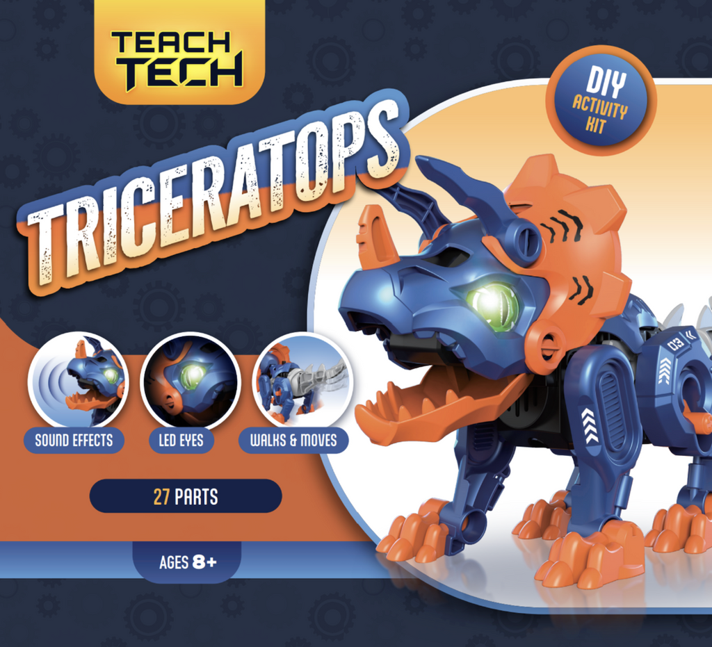 Cover of the box for DIY Triceratops Robot featuring a picture of the fully built orange and blue triceratops robot and close ups of the LED eyes, sound effects coming out of the dinos mouth, and the robot in motion. 