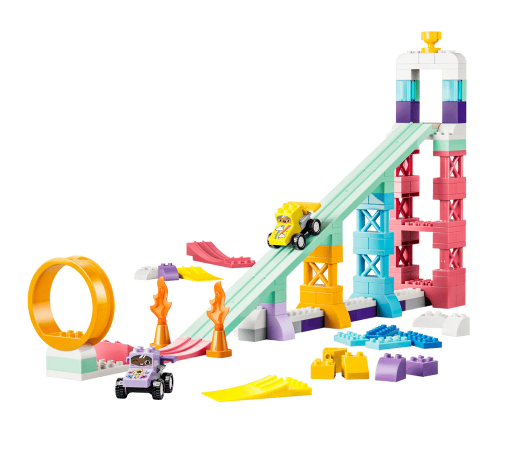 Colorful DUPLO building block set featuring a ramp, tower, loop, race cars, and loose blocks.