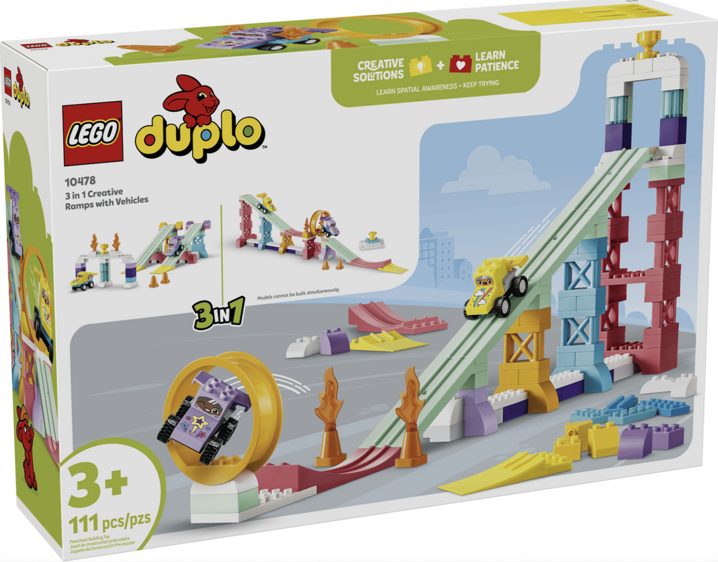 DUPLO Creative Ramps with Vehicles set boxed in a large white box with colorful pictures of vehicle track and ramps built with pieces from the set. 