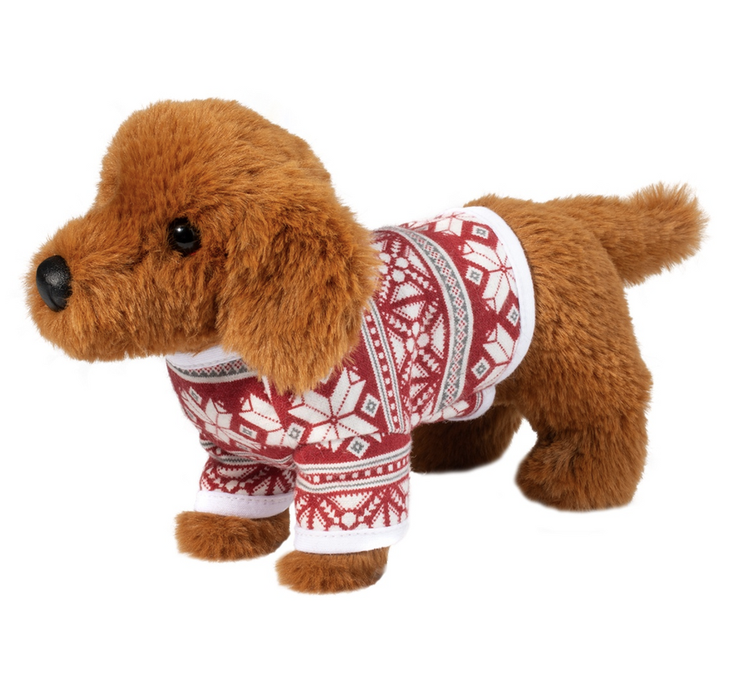 Dachshund with Sweater stuffed animal wearing a red, white and grey festive sweater. 