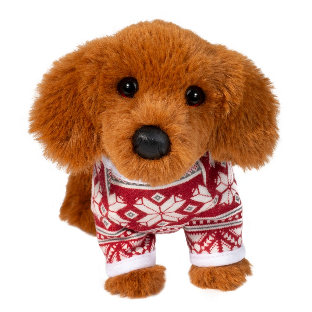 Close up of the cute little face of the Dachshund with Sweater stuffed animal. 