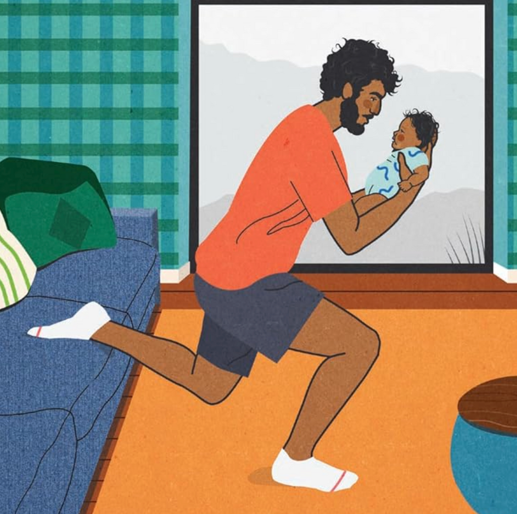 Colorful illustration of a dad holding a baby while performing a split squat in his living room. 