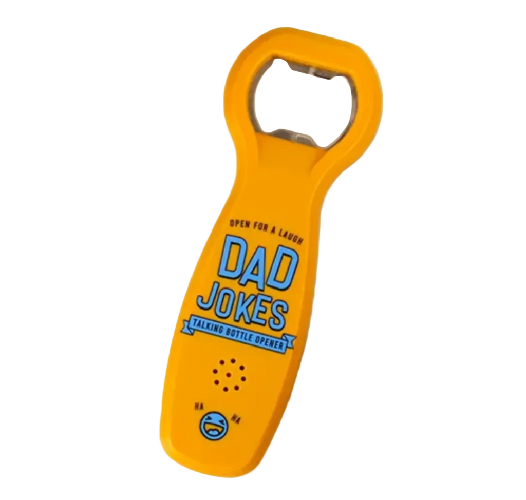 Yellow bottle opener with 'Dad Jokes' written in blue. 