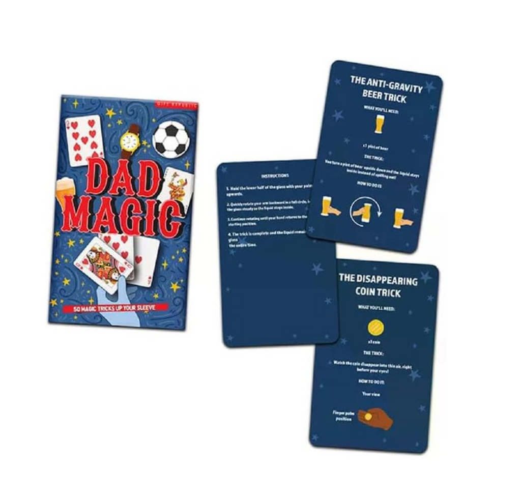 A few of the magic tricks from the Dad Magic set including The Anti-Gravity Beer Trick and the The Disappearing Coin Trick. Each trick is described on the front and back of each card, with instructions and diagrams. 