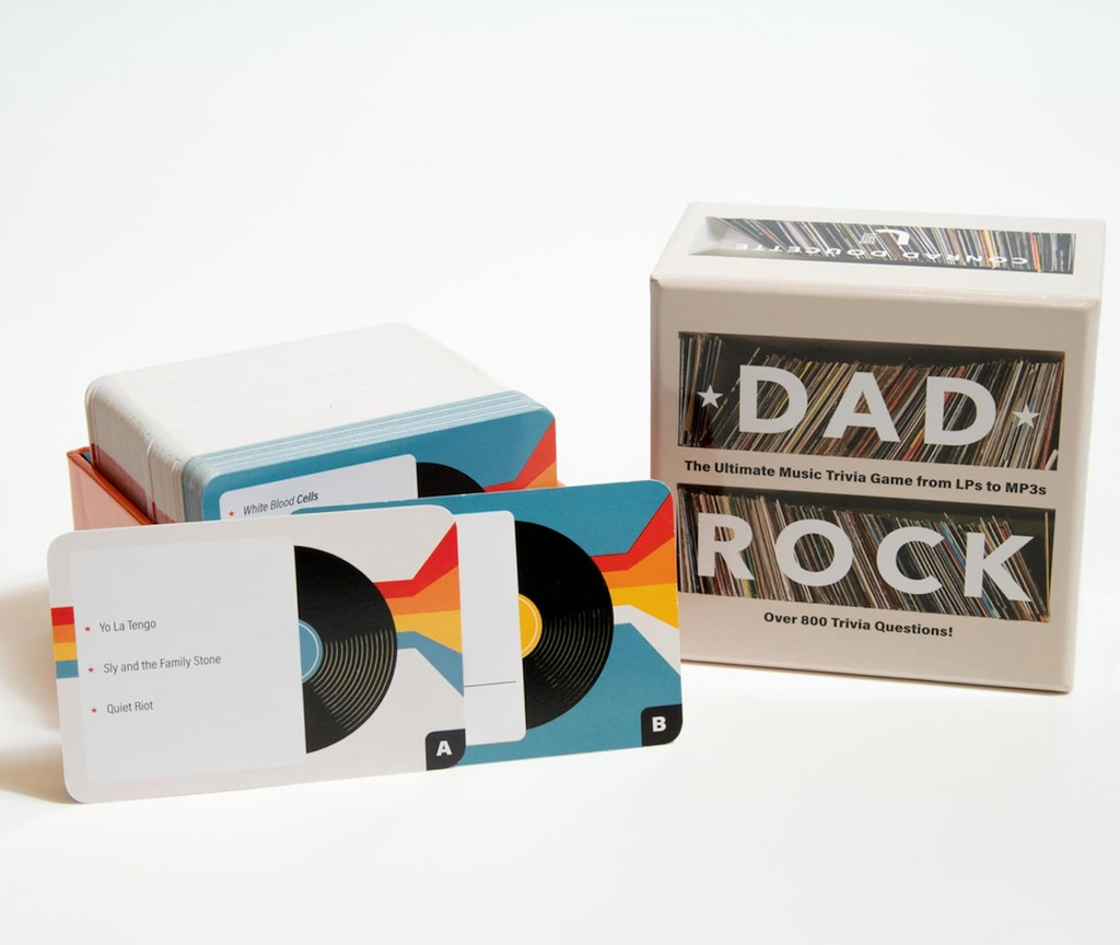 Dad Rock music trivia game with cards showing an example of questions from the game. 