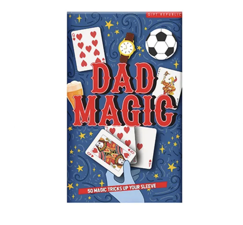 Dad Magic, 50 Magic Tricks packaged in a colorful box with playing cards, a wristwatch illustrated on a swirling blue background with gold stars. 